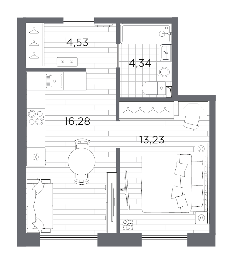 2-комнатная (Евро) квартира, 38.38 м² в ЖК "Сезоны" - планировка, фото №1