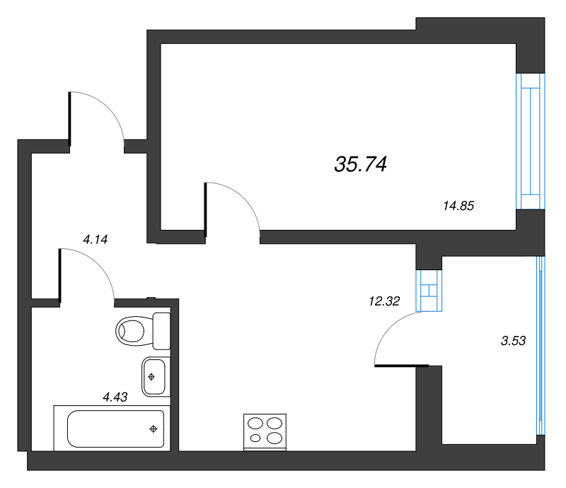 1-комнатная квартира, 35.74 м² в ЖК "Чёрная речка" - планировка, фото №1