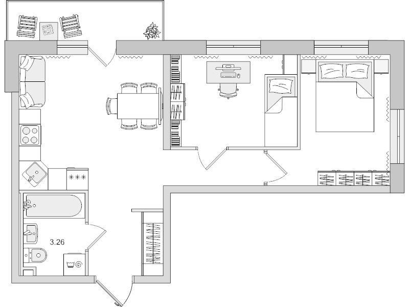 3-комнатная (Евро) квартира, 53.95 м² в ЖК "Новые горизонты" - планировка, фото №1