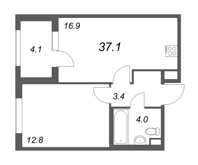 2-комнатная (Евро) квартира, 37.1 м² в ЖК "ЮгТаун" - планировка, фото №1