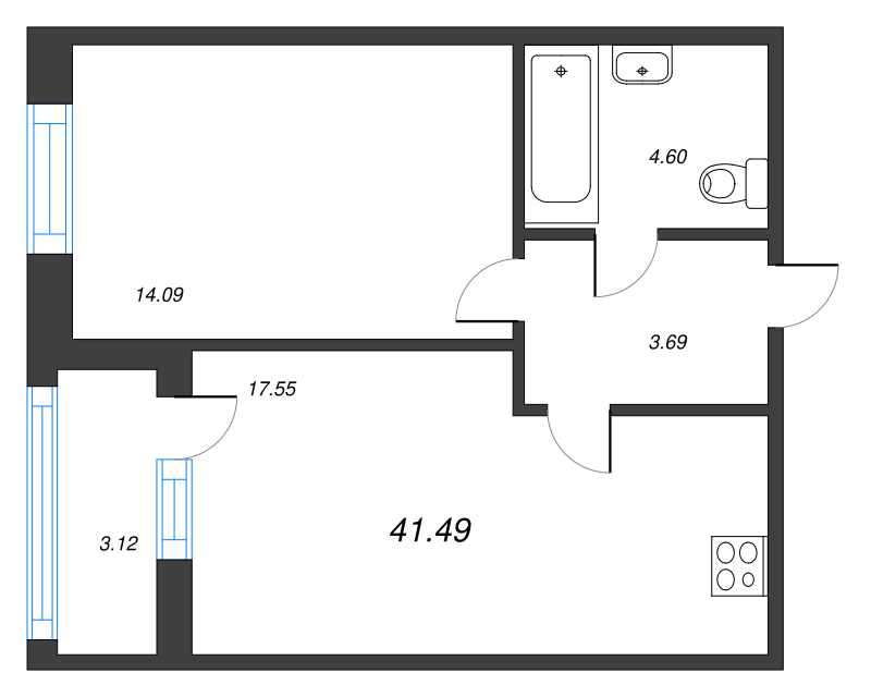 2-комнатная (Евро) квартира, 41.55 м² - планировка, фото №1