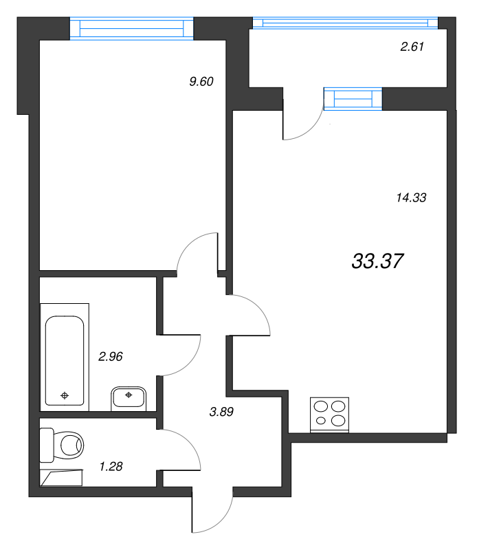 1-комнатная квартира, 33.37 м² в ЖК "AEROCITY" - планировка, фото №1