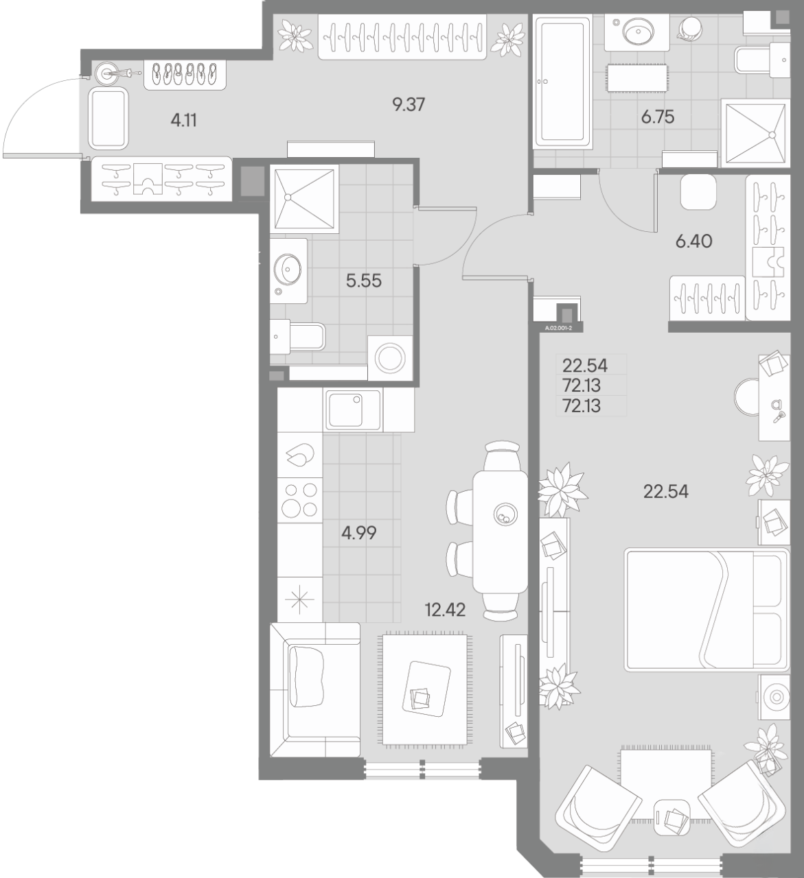 2-комнатная (Евро) квартира, 72.13 м² в ЖК "Amo" - планировка, фото №1