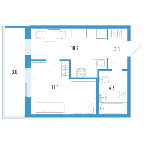 1-комнатная квартира, 31.6 м² - планировка, фото №1