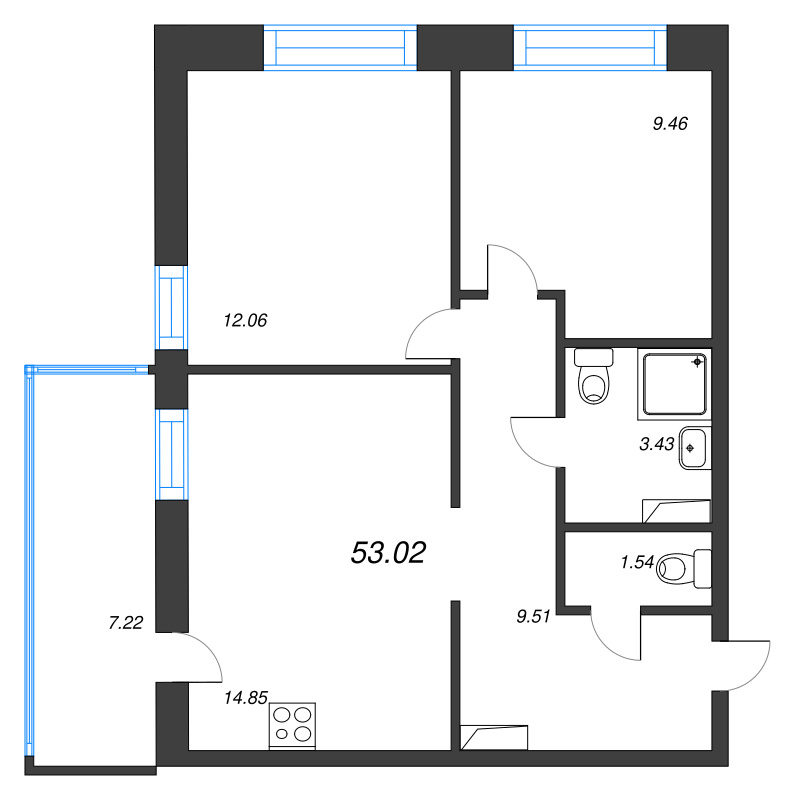 2-комнатная квартира, 53.02 м² в ЖК "Уютный" - планировка, фото №1