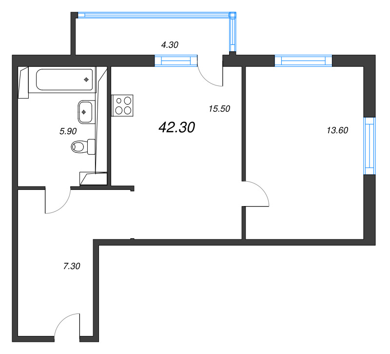 2-комнатная (Евро) квартира, 42.3 м² в ЖК "Руднева 15" - планировка, фото №1
