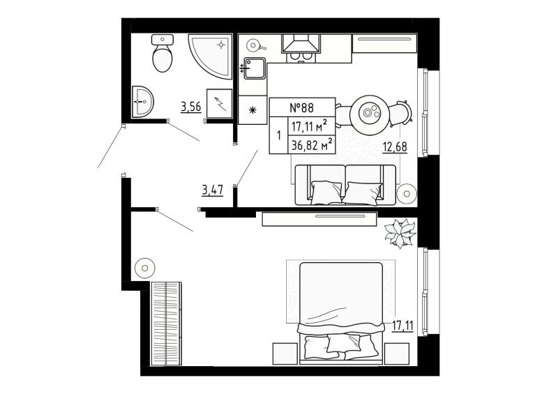 1-комнатная квартира, 36.82 м² в ЖК "Аннино Сити" - планировка, фото №1