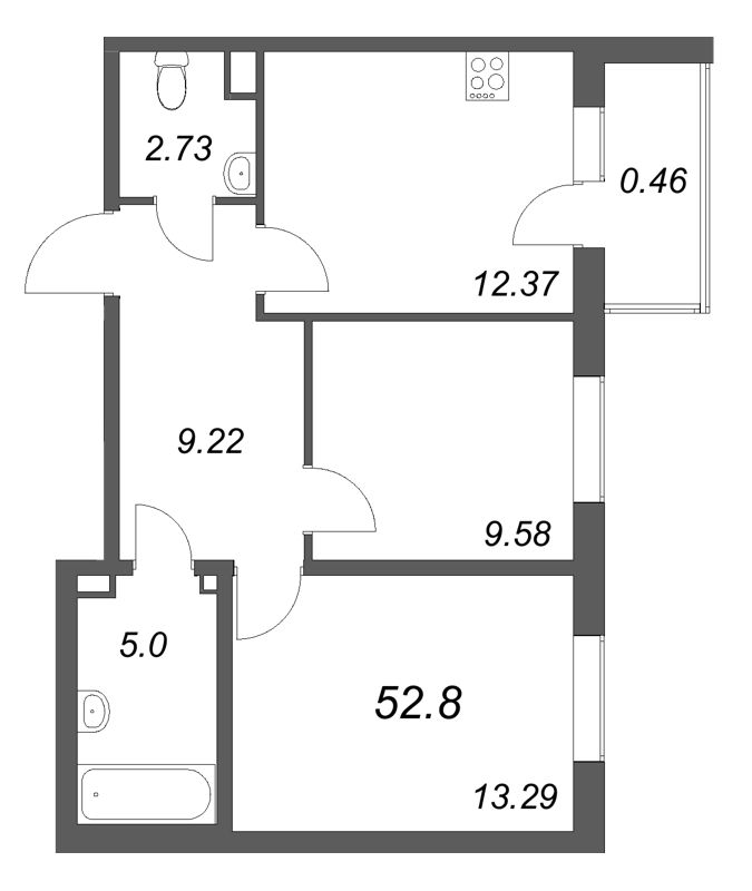 2-комнатная квартира, 52.8 м² в ЖК "Новая история" - планировка, фото №1