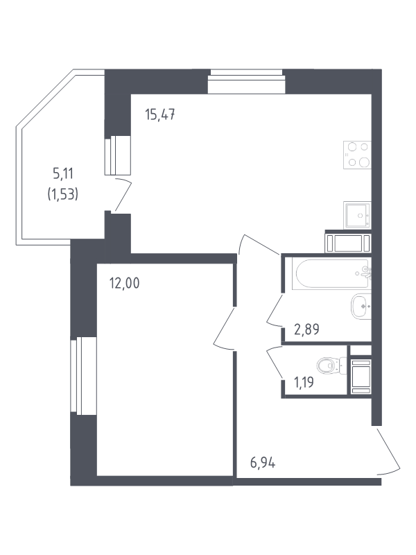 2-комнатная (Евро) квартира, 40.02 м² - планировка, фото №1