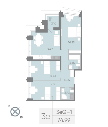 4-комнатная (Евро) квартира, 74.99 м² в ЖК "Морская набережная. SeaView" - планировка, фото №1
