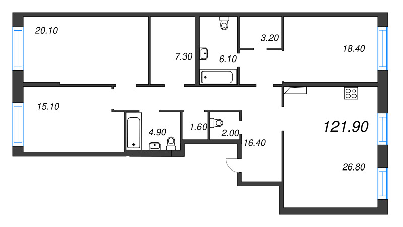 4-комнатная (Евро) квартира, 121.9 м² в ЖК "ЛДМ" - планировка, фото №1