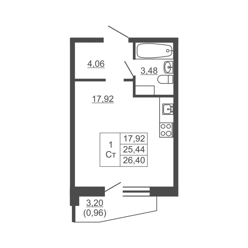 Квартира-студия, 26.4 м² в ЖК "Тандем" - планировка, фото №1