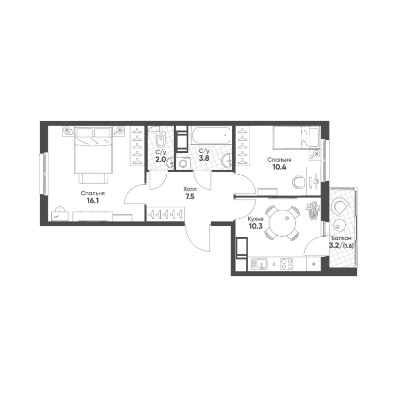 2-комнатная квартира, 51.7 м² в ЖК "Клюква.Парк" - планировка, фото №1