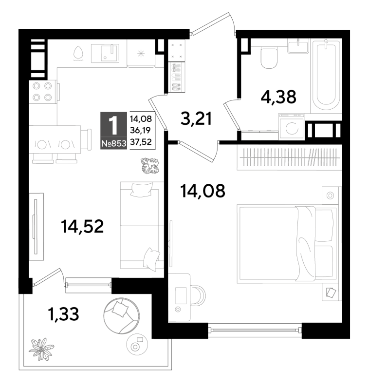 1-комнатная квартира, 37.52 м² в ЖК "Догма Юкки" - планировка, фото №1