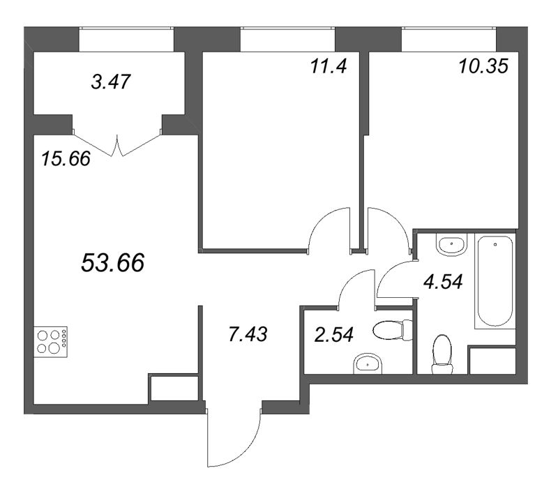 3-комнатная (Евро) квартира, 53.66 м² в ЖК "Речной квартал" - планировка, фото №1