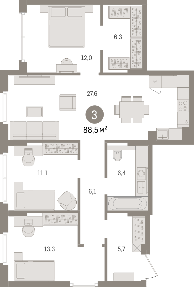 4-комнатная (Евро) квартира, 88.5 м² в ЖК "Брусника в Новоселье" - планировка, фото №1