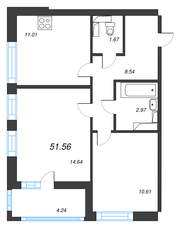 2-комнатная квартира, 51.56 м² - планировка, фото №1