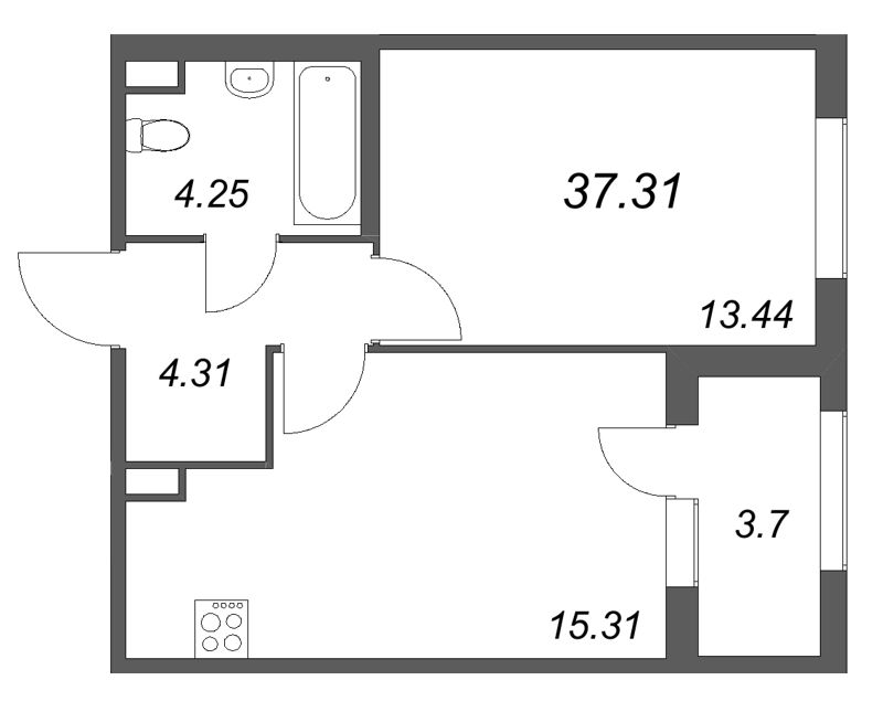 2-комнатная (Евро) квартира, 37.31 м² в ЖК "Дубровский" - планировка, фото №1