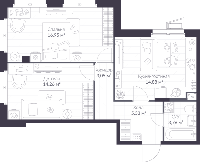 2-комнатная квартира, 58.23 м² в ЖК "VEREN NORT сертолово" - планировка, фото №1