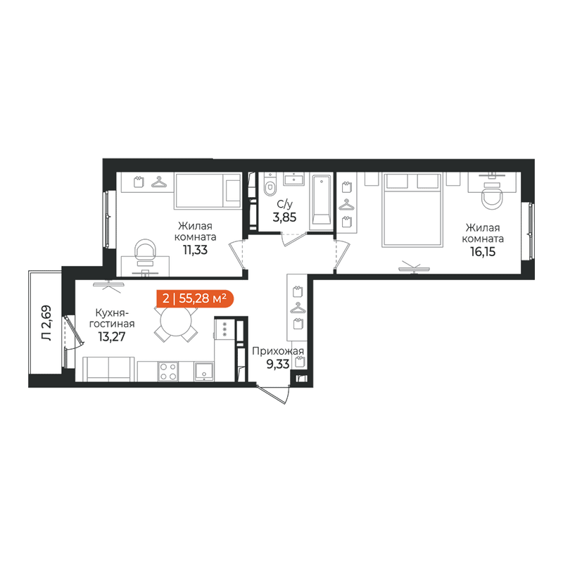 2-комнатная квартира, 55.28 м² в ЖК "Алгоритм Квинта" - планировка, фото №1