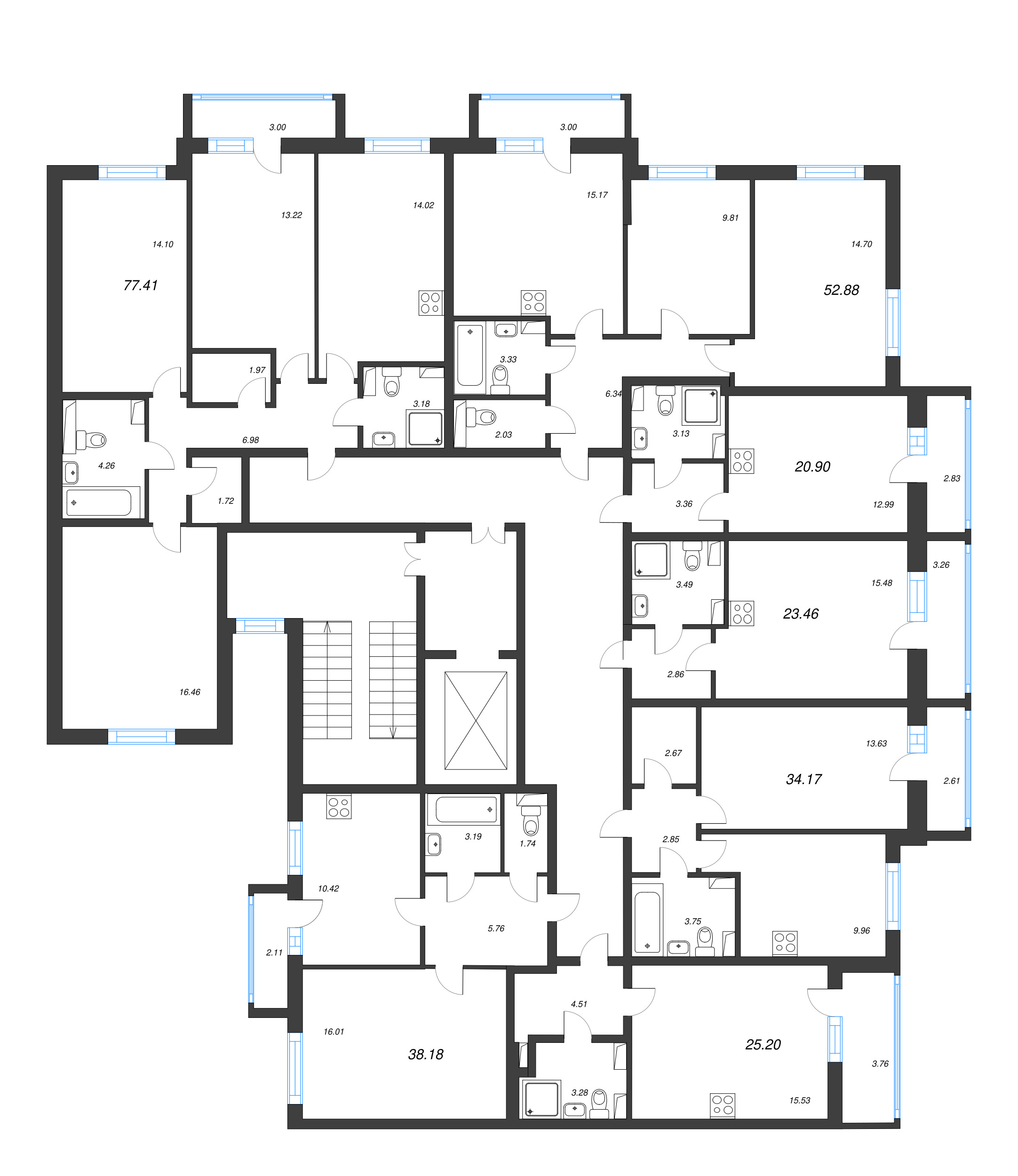 3-комнатная (Евро) квартира, 52.88 м² - планировка этажа