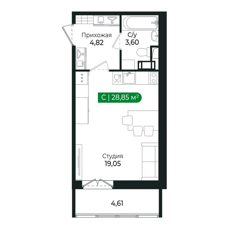 Квартира-студия, 27.3 м² в ЖК "Сертолово Парк" - планировка, фото №1