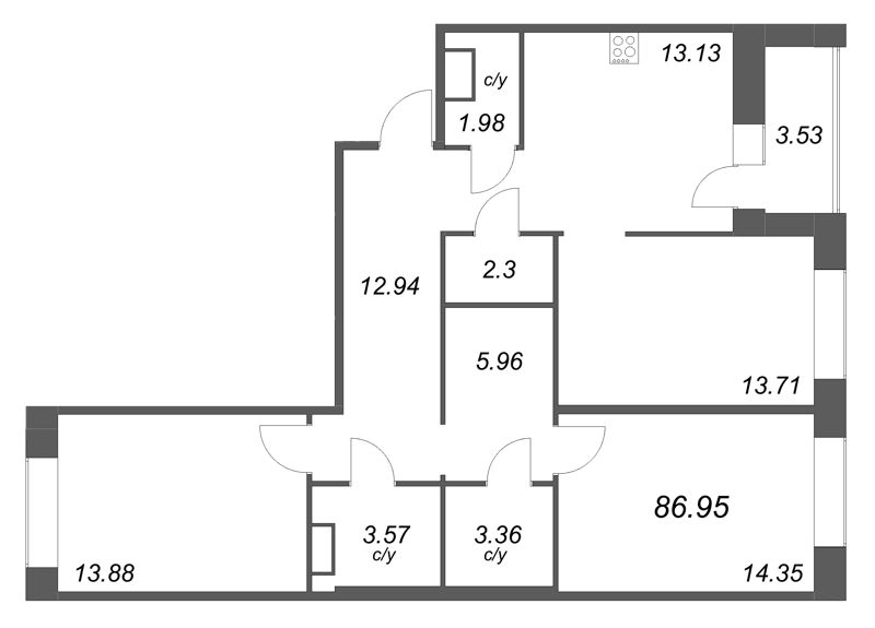 3-комнатная квартира, 86.95 м² в ЖК "Уютный" - планировка, фото №1