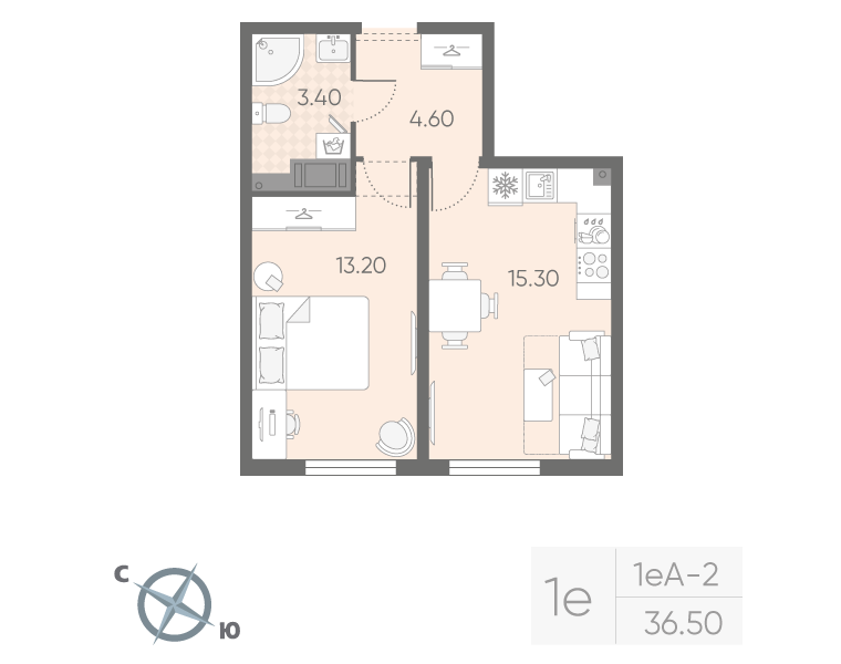 2-комнатная (Евро) квартира, 36.5 м² в ЖК "Октябрьская набережная" - планировка, фото №1