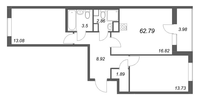 3-комнатная (Евро) квартира, 62.79 м² в ЖК "Кинопарк" - планировка, фото №1