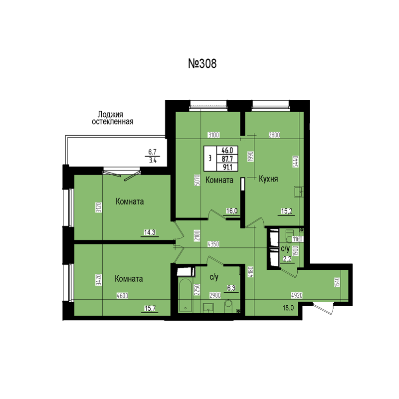4-комнатная (Евро) квартира, 91.1 м² в ЖК "ПРАГМА СИТИ" - планировка, фото №1