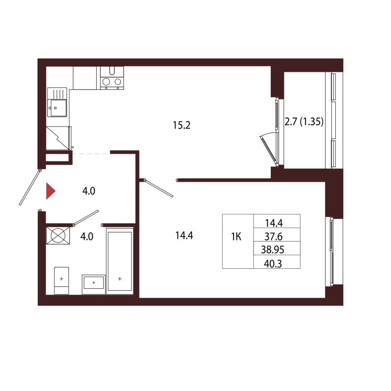 2-комнатная (Евро) квартира, 38.95 м² в ЖК "Лисино" - планировка, фото №1
