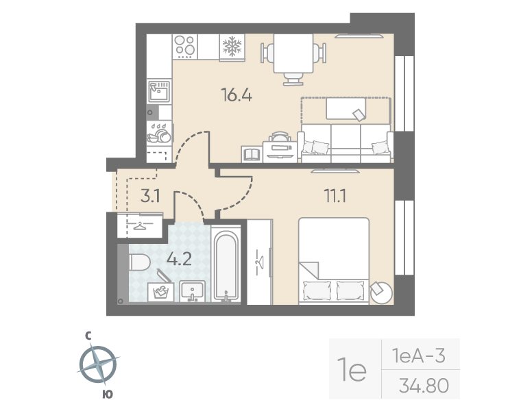 2-комнатная (Евро) квартира, 34.8 м² в ЖК "Большая Охта" - планировка, фото №1