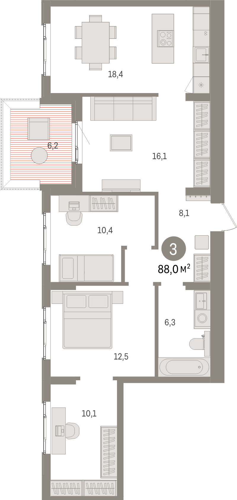 4-комнатная (Евро) квартира, 88 м² в ЖК "Брусника в Новоселье" - планировка, фото №1