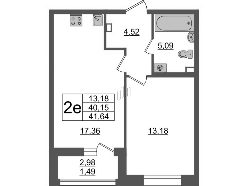 2-комнатная (Евро) квартира, 41.64 м² в ЖК "Аквилон Leaves" - планировка, фото №1