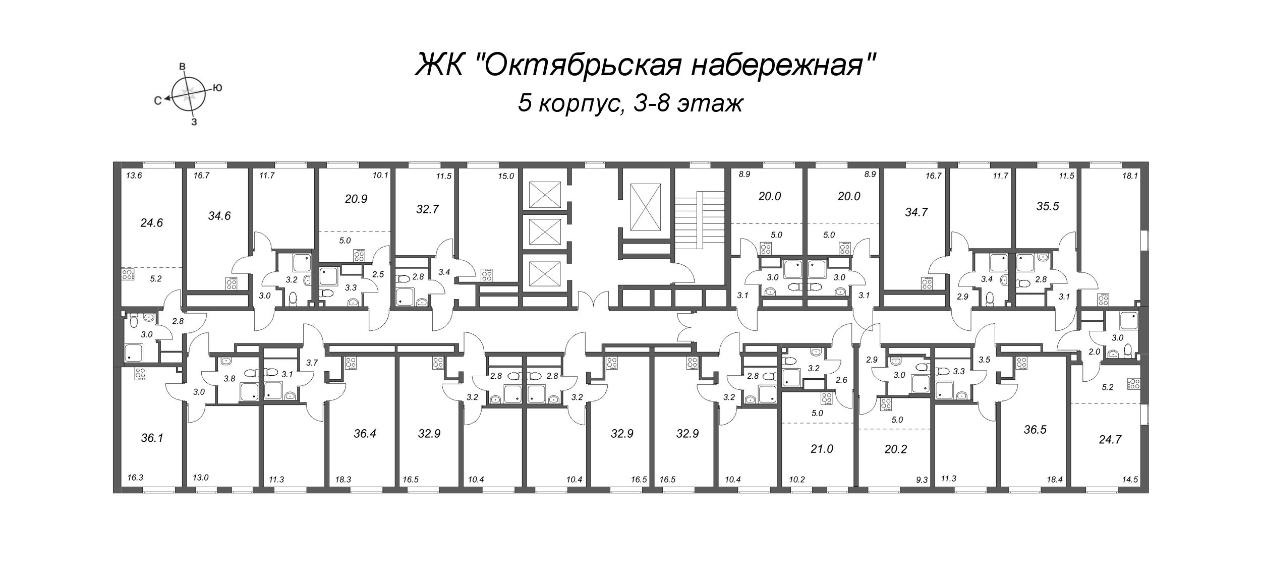 2-комнатная (Евро) квартира, 34.6 м² - планировка этажа