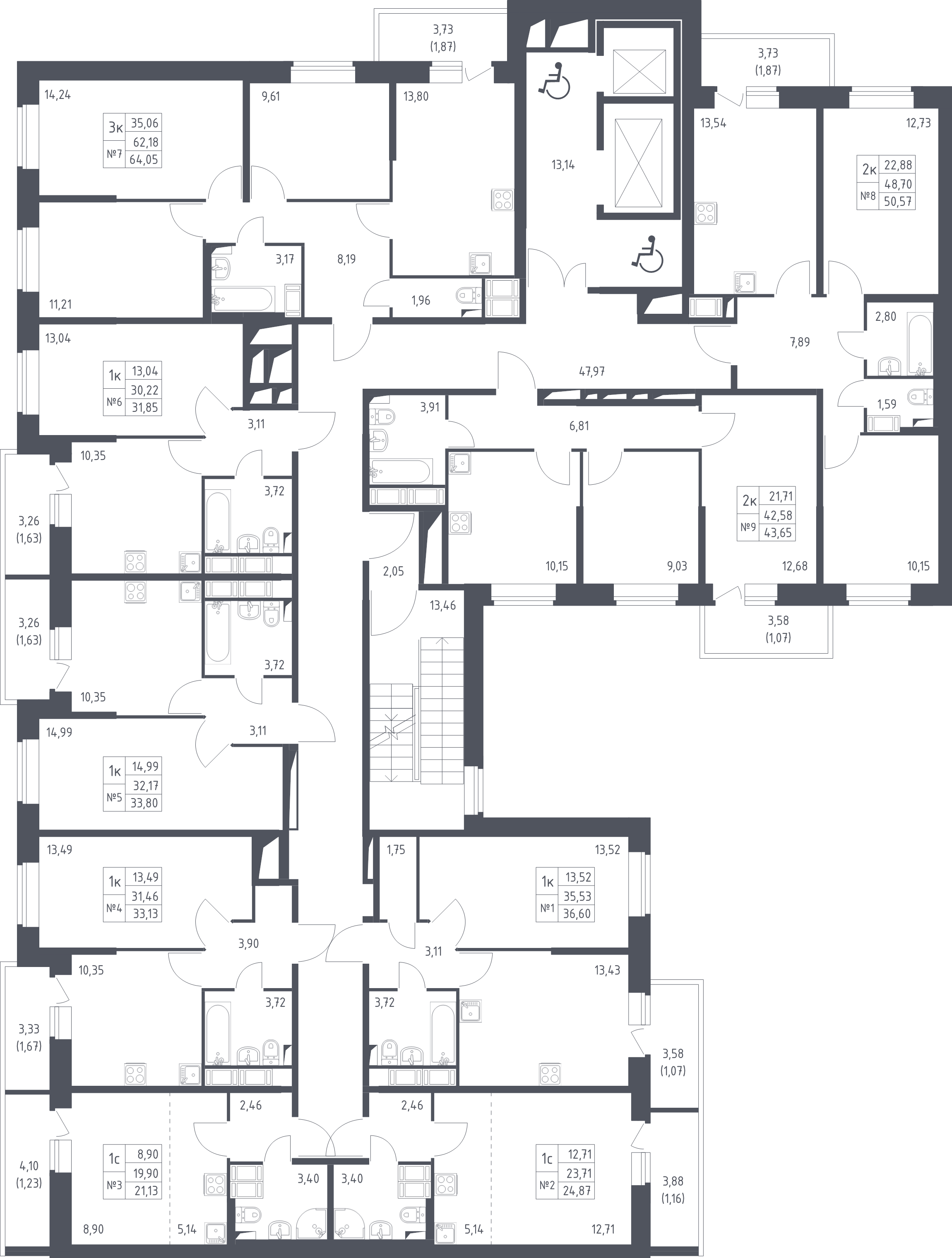2-комнатная квартира, 43.65 м² - планировка этажа