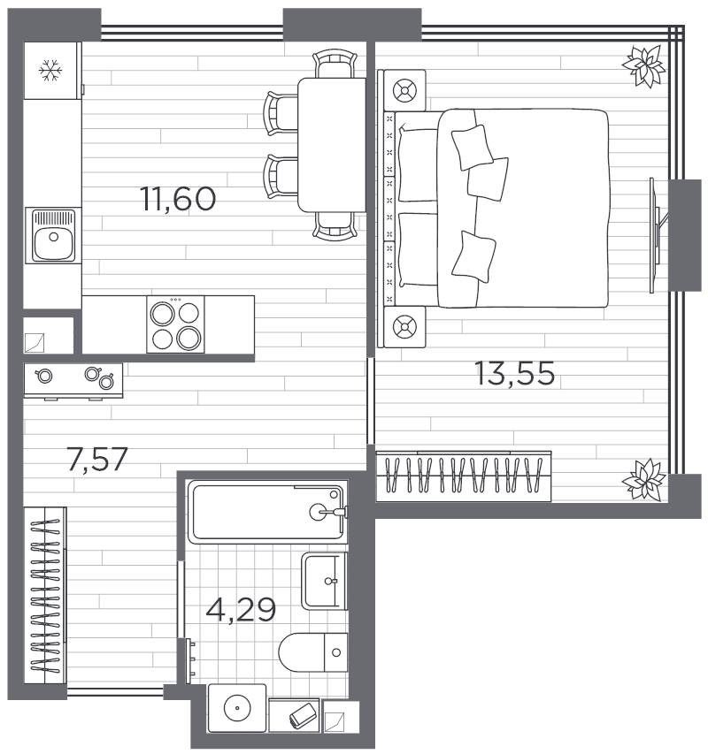 1-комнатная квартира, 37.01 м² в ЖК "PLUS Пулковский" - планировка, фото №1