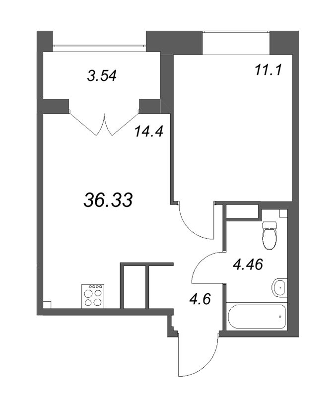 1-комнатная квартира, 36.33 м² - планировка, фото №1