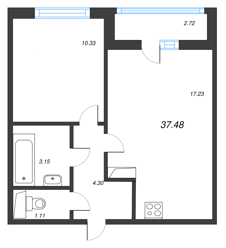 2-комнатная (Евро) квартира, 37.48 м² - планировка, фото №1