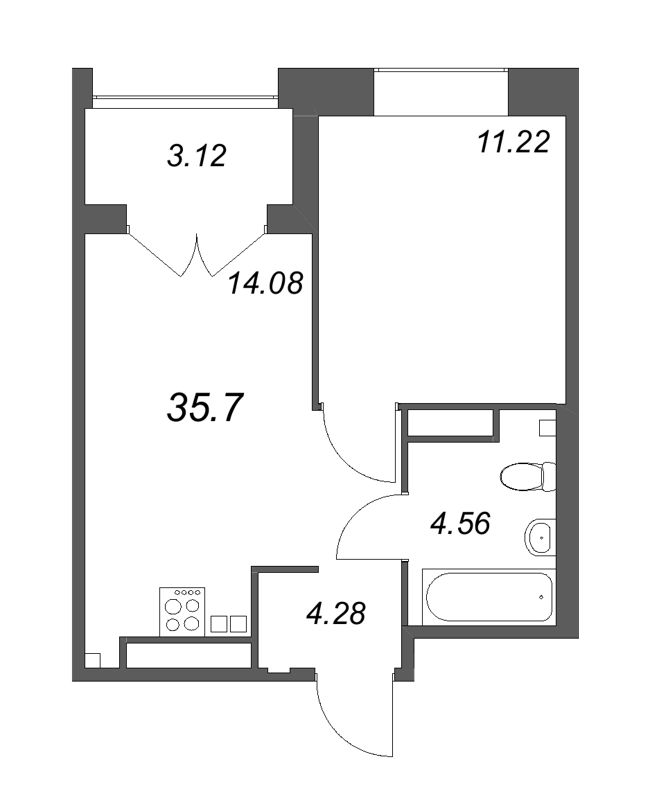 1-комнатная квартира, 35.7 м² - планировка, фото №1