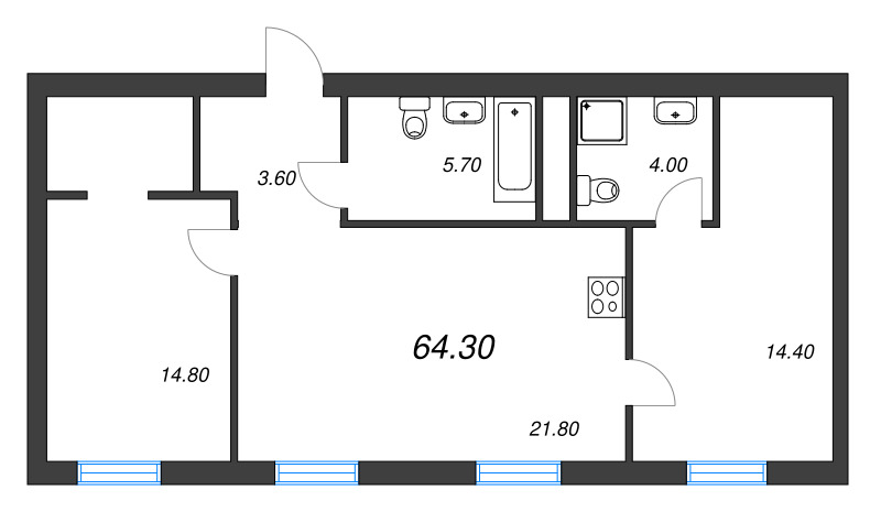 2-комнатная квартира, 66.4 м² в ЖК "Аура" - планировка, фото №1