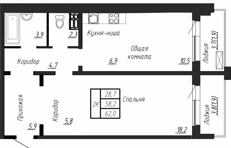 2-комнатная (Евро) квартира, 62 м² в ЖК "Сибирь" - планировка, фото №1
