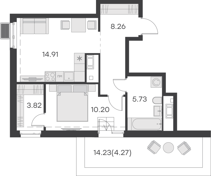 1-комнатная квартира, 47.19 м² - планировка, фото №1