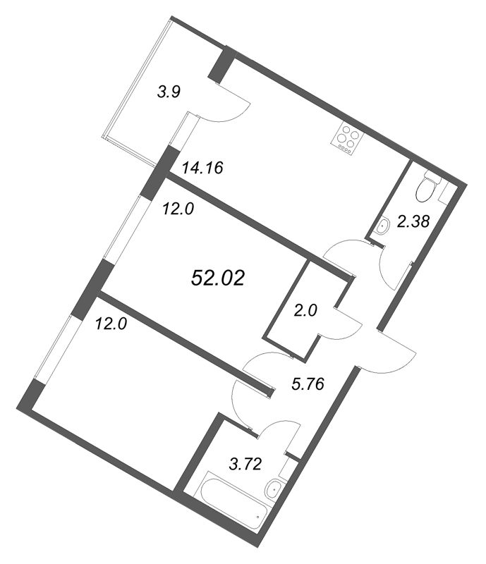 2-комнатная квартира, 52.02 м² - планировка, фото №1