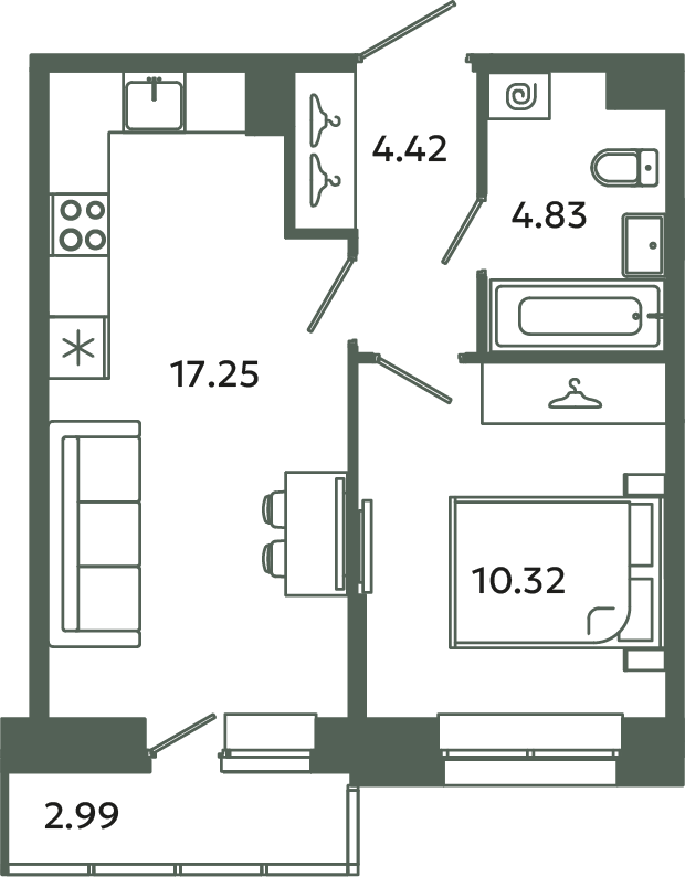 2-комнатная (Евро) квартира, 37.72 м² в ЖК "Загляденье" - планировка, фото №1