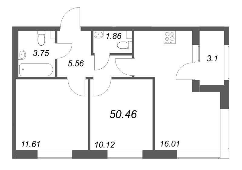 3-комнатная (Евро) квартира, 50.46 м² в ЖК "Гранат" - планировка, фото №1