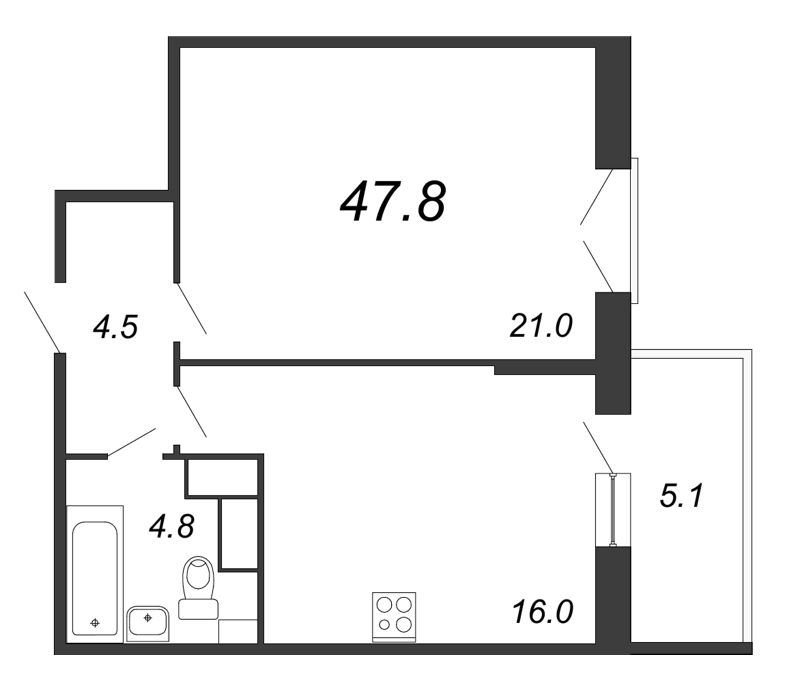 1-комнатная квартира, 48 м² - планировка, фото №1