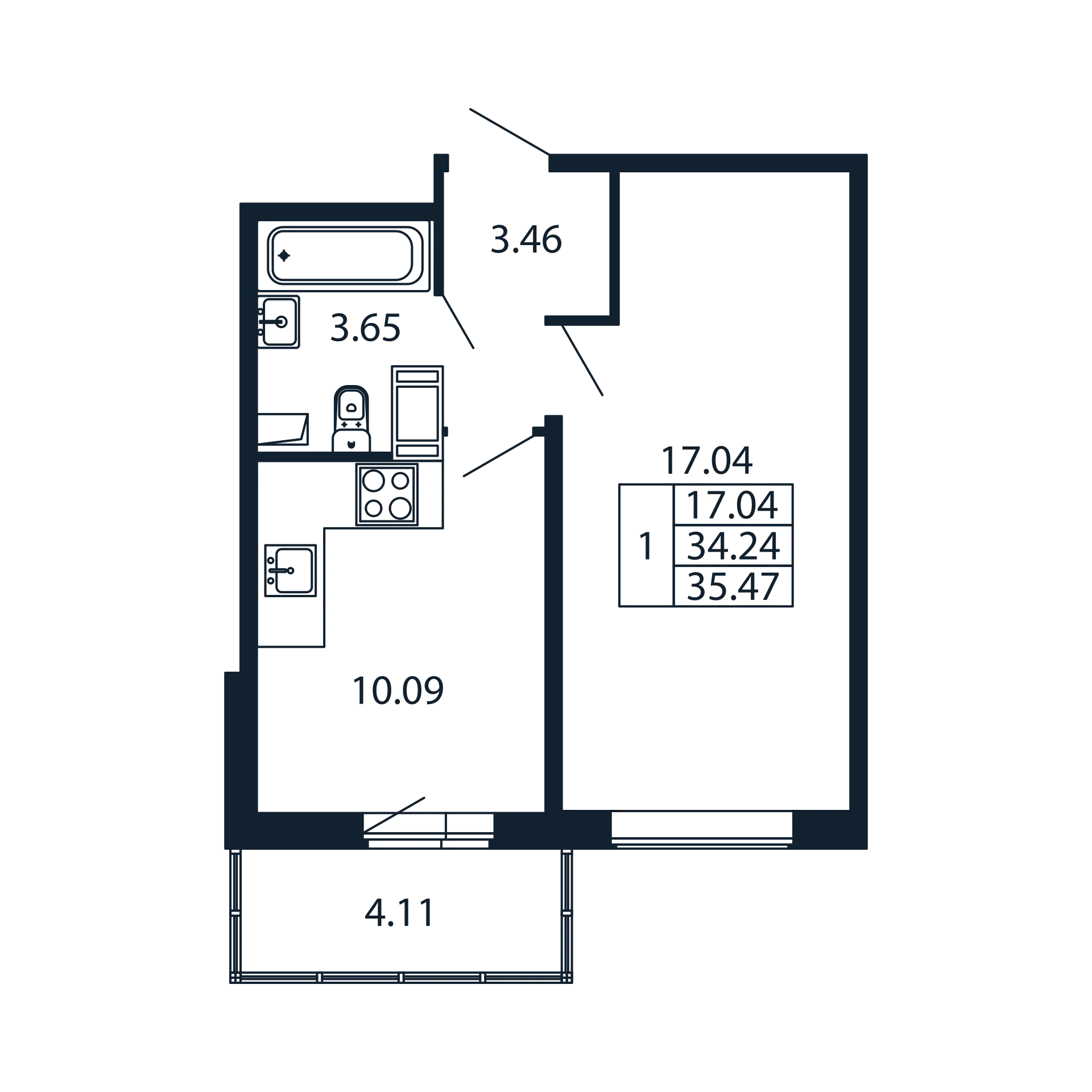 1-комнатная квартира, 34.24 м² в ЖК "Полис ЛАВрики" - планировка, фото №1