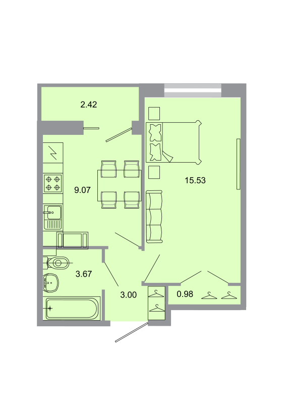 1-комнатная квартира, 32.5 м² в ЖК "Стороны света" - планировка, фото №1