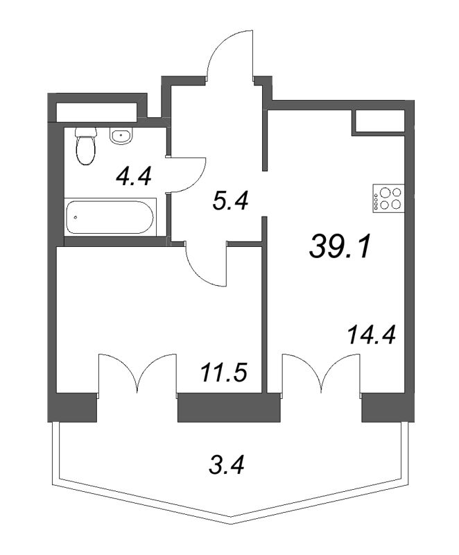 1-комнатная квартира, 39.1 м² в ЖК "Моисеенко 10" - планировка, фото №1